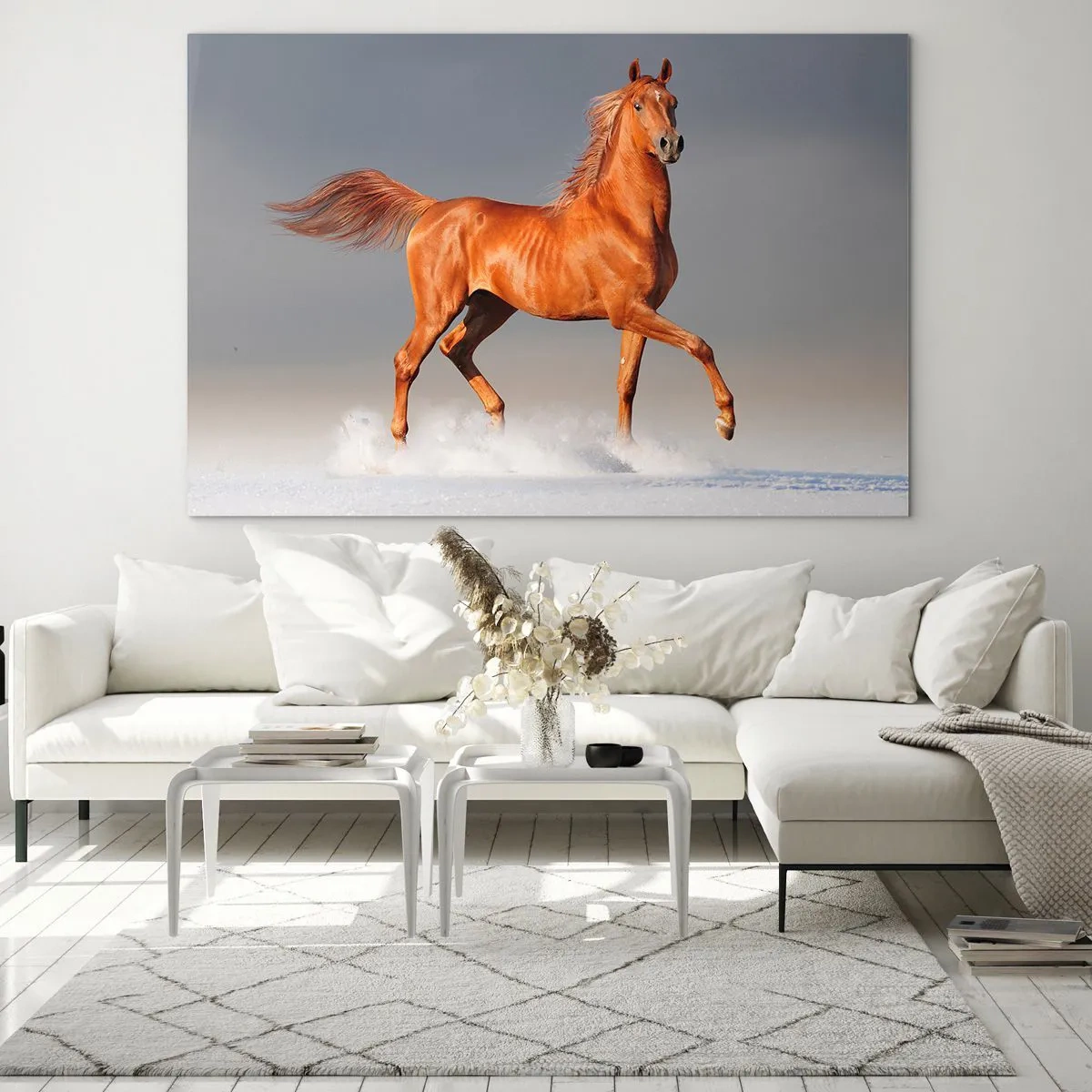 Cuadro sobre vidrio - Impresiones sobre Vidrio - Un caballo al galope contra un cielo brillante. - 120x80cm - Danza al viento - Decoración de pared moderna para salón y dormitorio ARTTOR