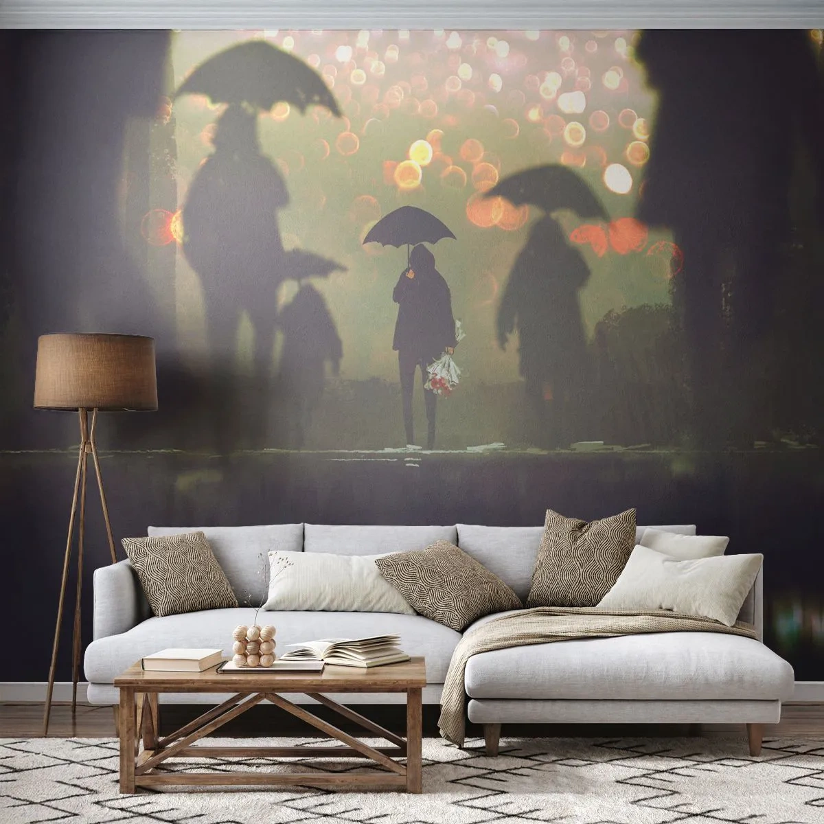 Fotomural Premium Canvas - Desde la perspectiva de una gota de lluvia - Caminar en la lluvia, Gente, Gráficos - 200x140 cm