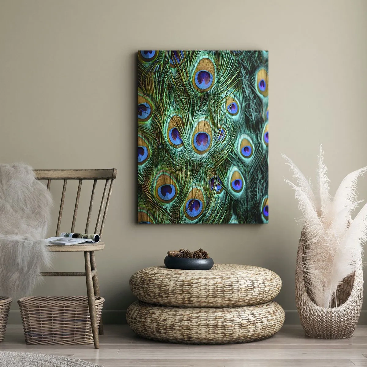 Cuadro sobre lienzo - Impresión de Imagen - Detalles de plumas de pavo real en ricos colores. - 80x120cm - Mirada de pavo real - Decoración de pared moderna para salón y dormitorio ARTTOR