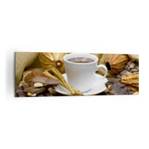 Cuadro sobre lienzo - Impresión de Imagen - Una taza de chocolate caliente rodeada de cacao y canela. - 160x50cm - Para los que buscan emociones - Decoración de pared moderna para salón y dormitorio ARTTOR