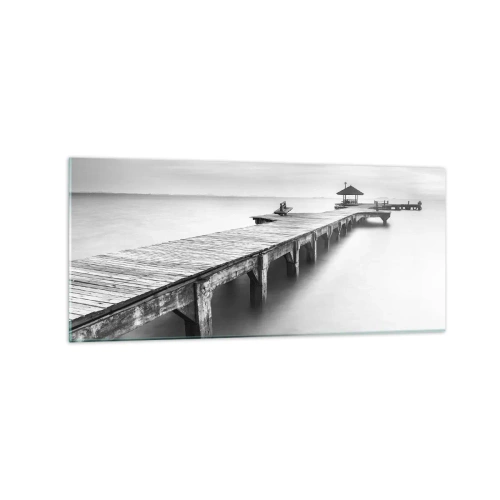 Cuadro sobre vidrio - Impresiones sobre Vidrio - Una vista en blanco y negro de un muelle de madera sobre aguas tranquilas. - 120x50cm - Lejos - Decoración de pared moderna para salón y dormitorio ARTTOR