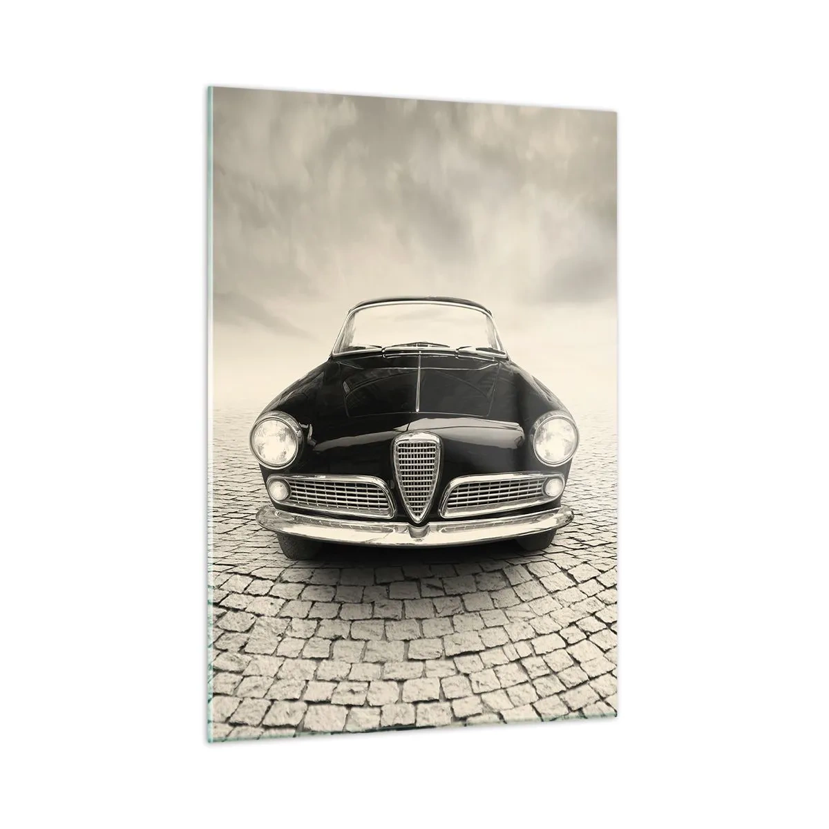 Cuadro sobre vidrio - Impresiones sobre Vidrio - Coche clásico en carretera adoquinada en blanco y negro - 50x70cm - ¿Y cómo no quererme? - Decoración de pared moderna para salón y dormitorio ARTTOR