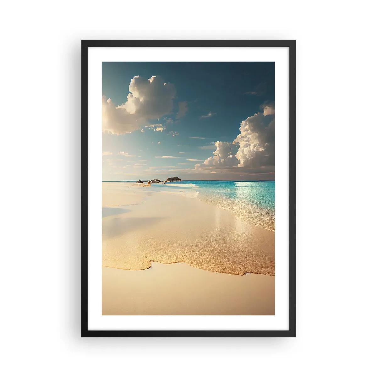 Póster en marco negro - Una playa con agua turquesa, nubes delicadas y arena. - 50x70cm - Un día de ensueño - Decoración de pared moderna para salón y dormitorio ARTTOR