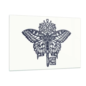 Cuadro sobre vidrio - Impresiones sobre Vidrio - Ilustración de una mariposa con una llave en el centro. - 120x80cm - Todos los secretos del corazón - Decoración de pared moderna para salón y dormitorio ARTTOR