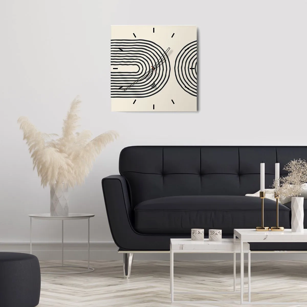 Reloj de pared - Reloj de vidrio - Patrón geométrico abstracto con líneas simétricas sobre un fondo claro. - 30x30cm - Próximamente... - Decoración de pared moderna para salón y dormitorio ARTTOR