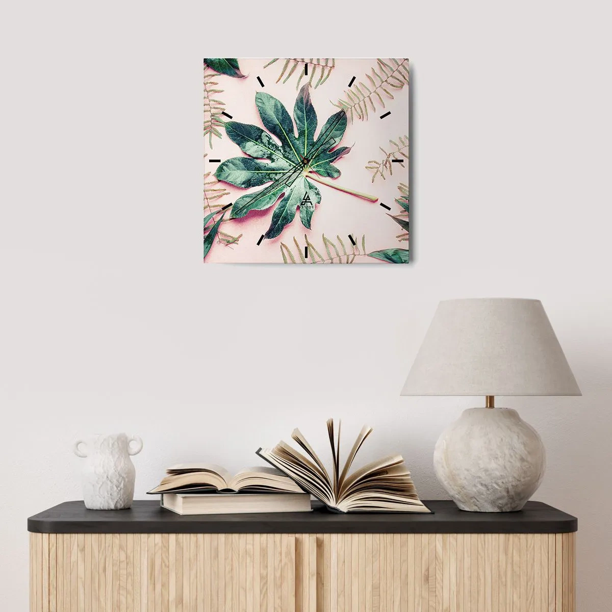 Reloj de pared - Reloj de vidrio - Estudio de vegetación sobre fondo rosa - 30x30 cm