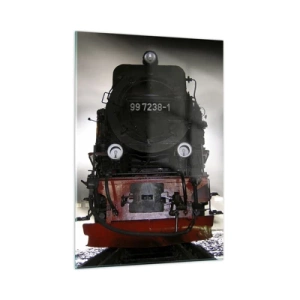 Cuadro sobre vidrio - Impresiones sobre Vidrio - Una locomotora de vapor rodeada de vapor y luz. - 50x70cm - De pie, jadeando y soplando - Decoración de pared moderna para salón y dormitorio ARTTOR
