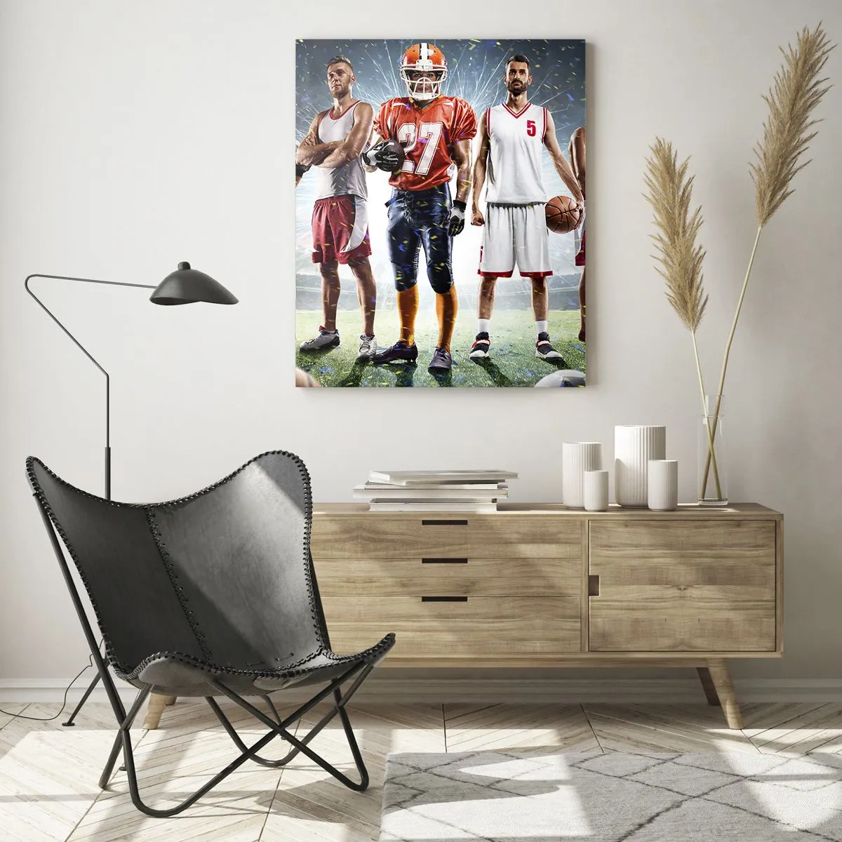 Cuadro sobre vidrio - Impresiones sobre Vidrio - Una escena dinámica de atletas de diversas disciplinas en el estadio bajo los focos. - 80x120cm - Gladiadores sobre los terrenos de juego - Decoración de pared moderna para salón y dormitorio ARTTOR