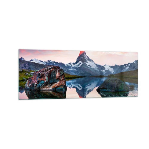 Cuadro sobre vidrio - Impresiones sobre Vidrio - Un pico de montaña reflejado en un lago al atardecer. - 140x50cm - El corazón de las montañas arde - Decoración de pared moderna para salón y dormitorio ARTTOR