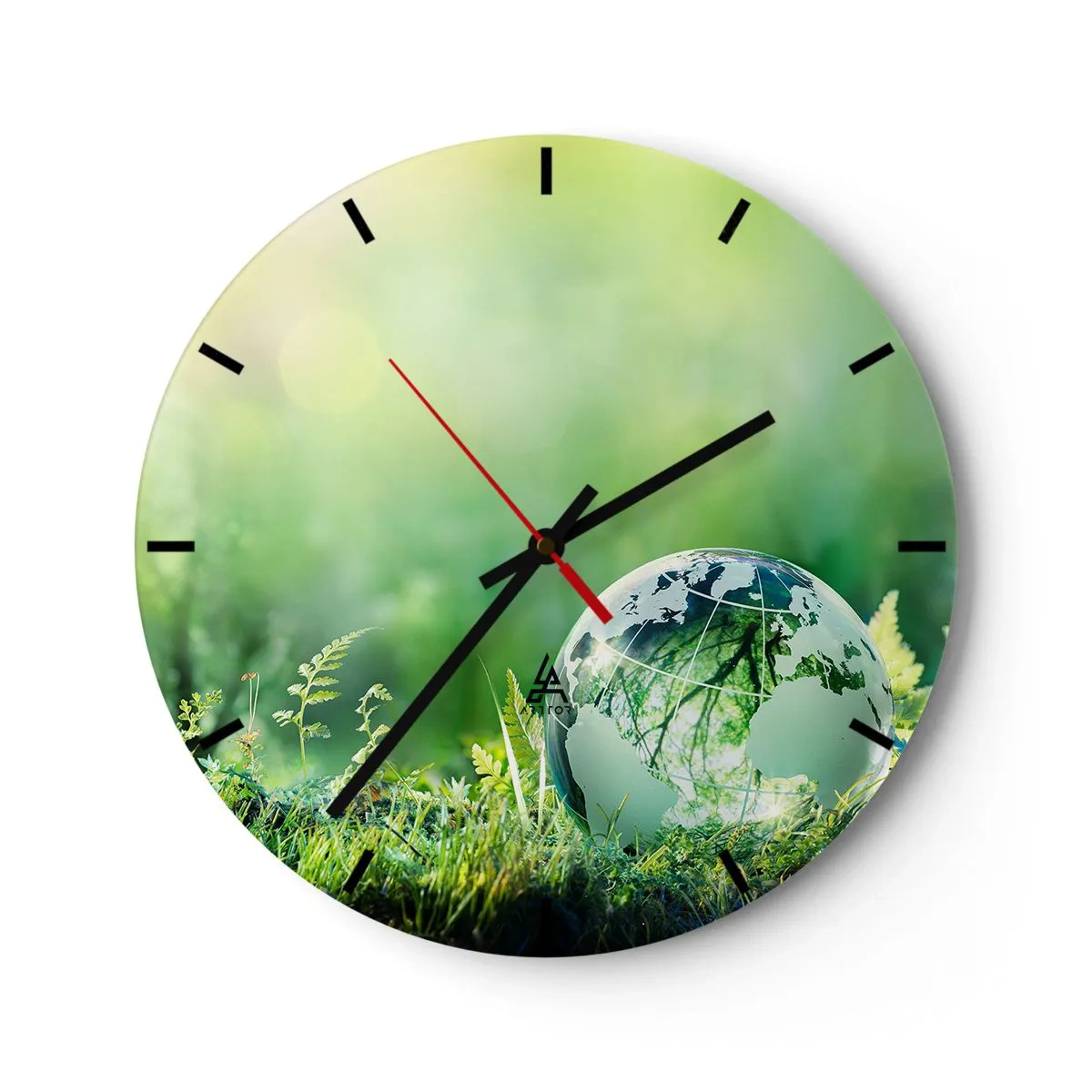 Reloj de pared - Reloj de vidrio - Una bola de cristal con un mapa del mundo sobre un fondo de naturaleza verde. - 30x30cm - Planeta verde - Decoración de pared moderna para salón, cocina y dormitorio ARTTOR