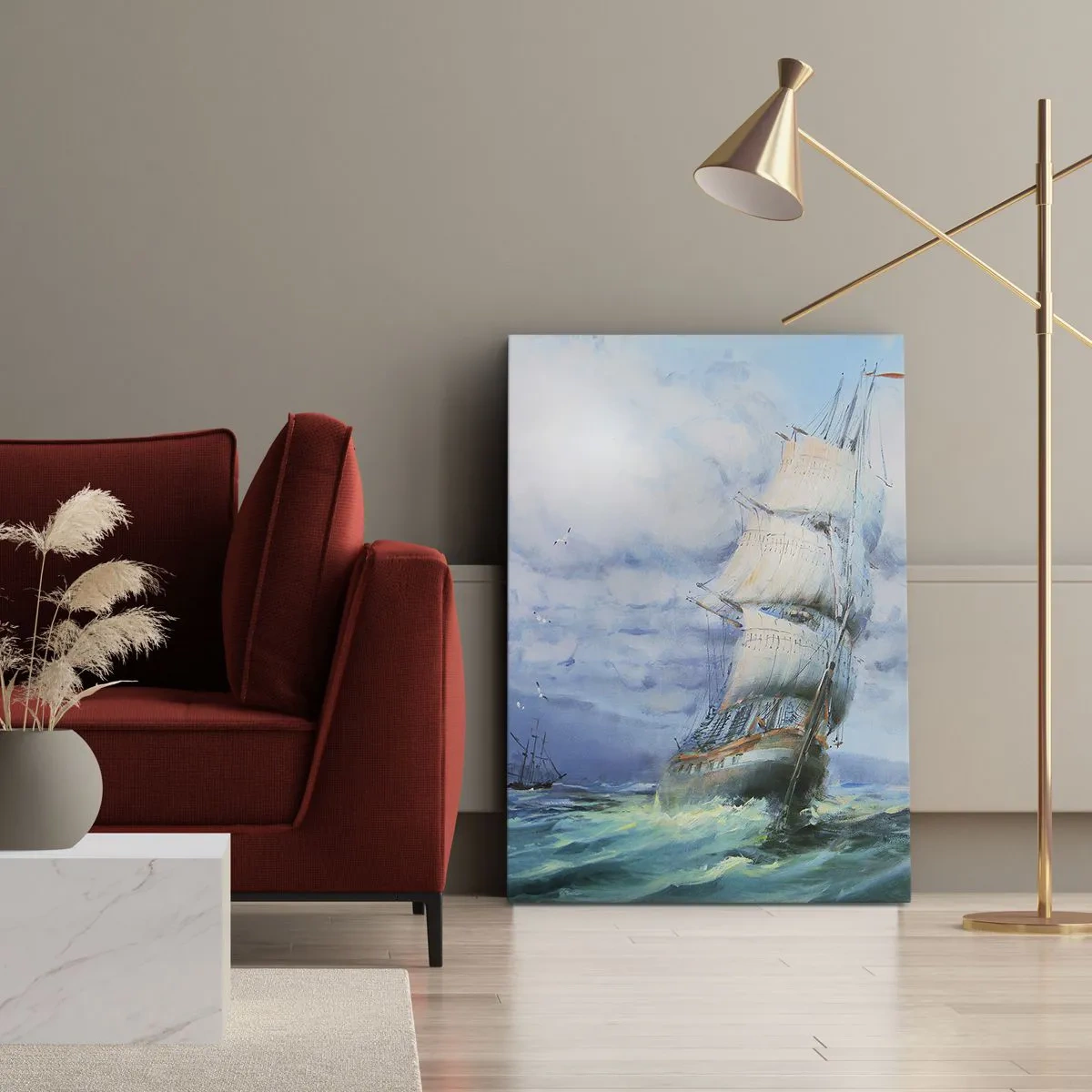 Cuadro sobre lienzo - Impresión de Imagen - Un barco en un mar tempestuoso - 50x70cm - Viento en popa - Decoración de pared moderna para salón y dormitorio ARTTOR