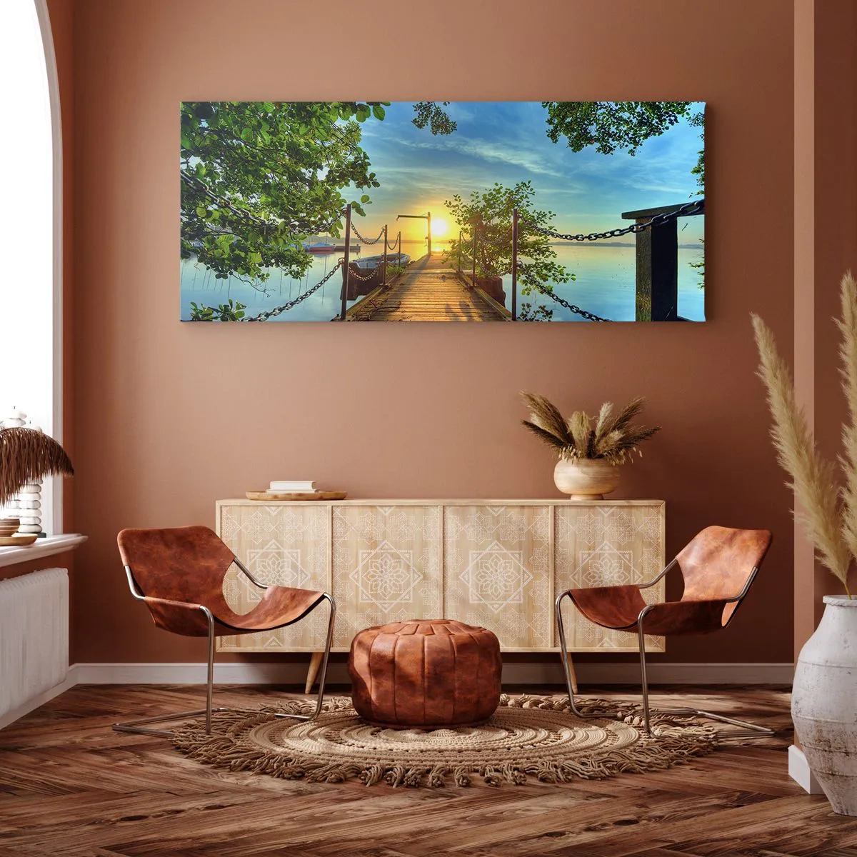 Cuadro sobre lienzo - Impresión de Imagen - Un muelle sobre el lago bajo los rayos del atardecer. - 140x50cm - Atardecer junto al agua - Decoración de pared moderna para salón y dormitorio ARTTOR