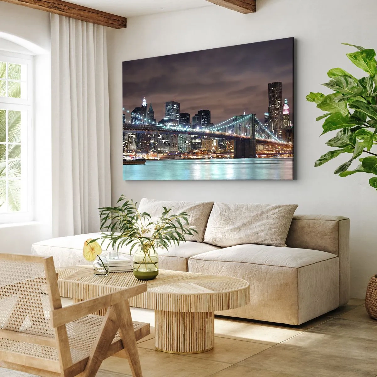 Cuadro sobre lienzo - Impresión de Imagen - El puente iluminado por la noche con el panorama de la ciudad moderna como telón de fondo. - 120x80cm - Las luces de la gran ciudad - Decoración de pared moderna para salón y dormitorio ARTTOR