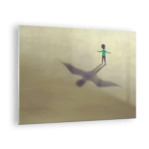 Cuadro sobre vidrio - Impresiones sobre Vidrio - Un niño con una sombra en forma de pájaro sobre un fondo beige. - 70x50cm - Héroe del futuro - Decoración de pared moderna para salón y dormitorio ARTTOR