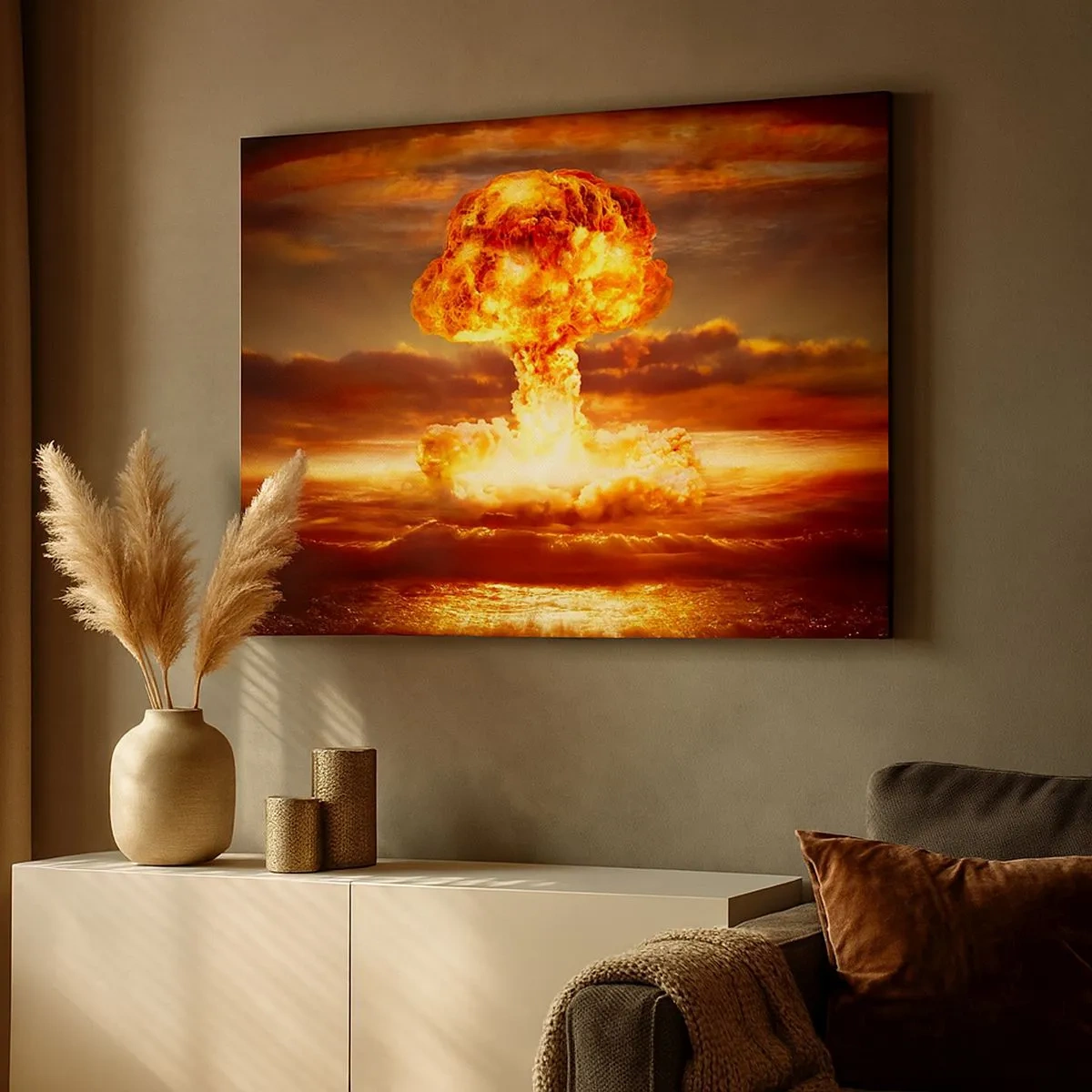 Cuadro sobre lienzo - Impresión de Imagen - Explosión de una nube de hongo con el atardecer como telón de fondo - 70x50cm - Y habrá un final - Decoración de pared moderna para salón y dormitorio ARTTOR