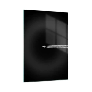Cuadro sobre vidrio - Impresiones sobre Vidrio - Un avión a reacción con una estela de condensación visible sobre un fondo negro. - 70x100cm - En otra dimensión - Decoración de pared moderna para salón y dormitorio ARTTOR