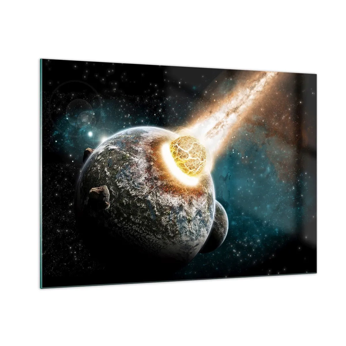 Cuadro sobre vidrio - Impresiones sobre Vidrio - Un planeta colisionando con un meteorito - 100x70cm - ¿Condena o nacimiento? - Decoración de pared moderna para salón y dormitorio ARTTOR