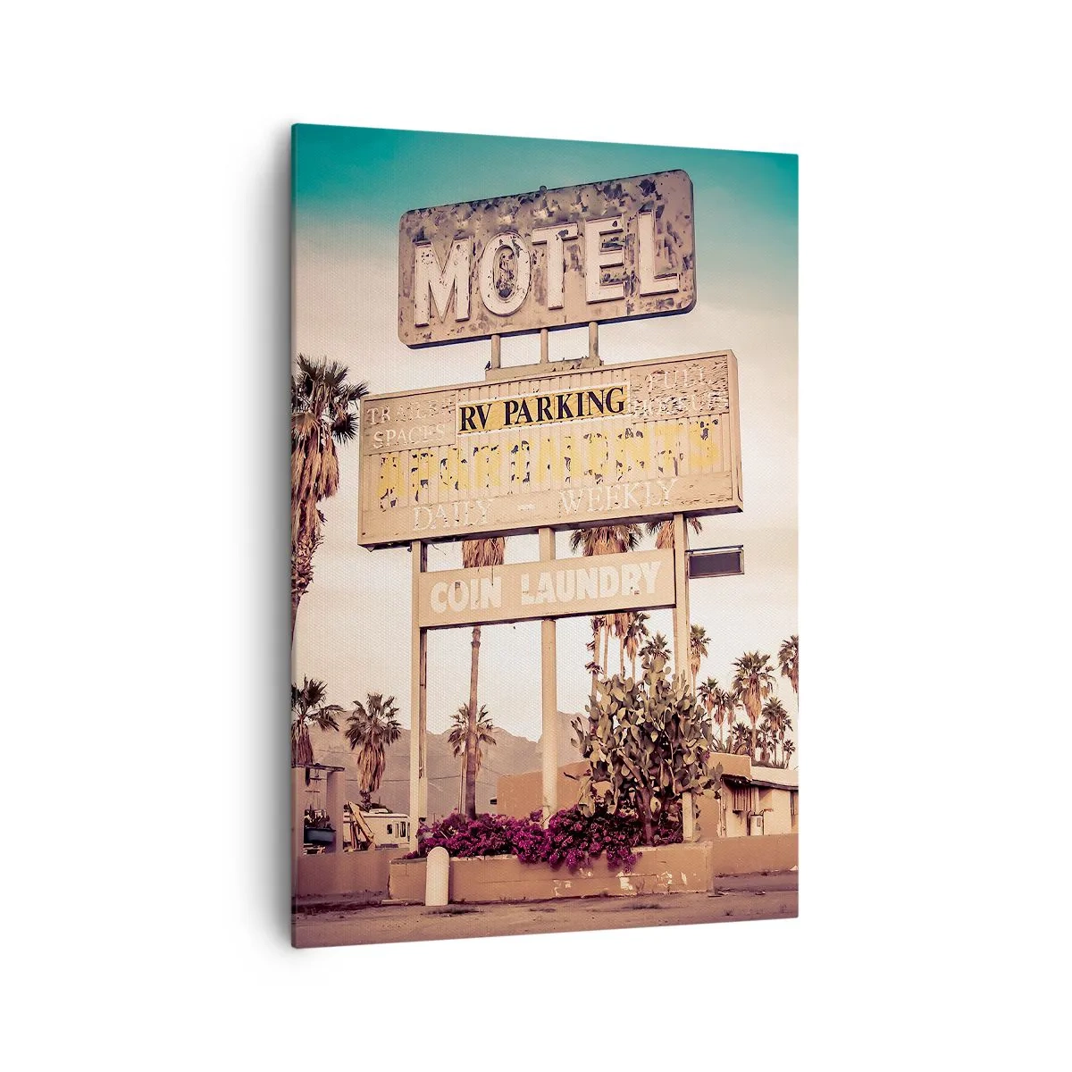 Cuadro sobre lienzo - Impresión de Imagen - Letrero de motel retro rodeado de palmeras - 70x100cm - El tiempo se detuvo - Decoración de pared moderna para salón y dormitorio ARTTOR