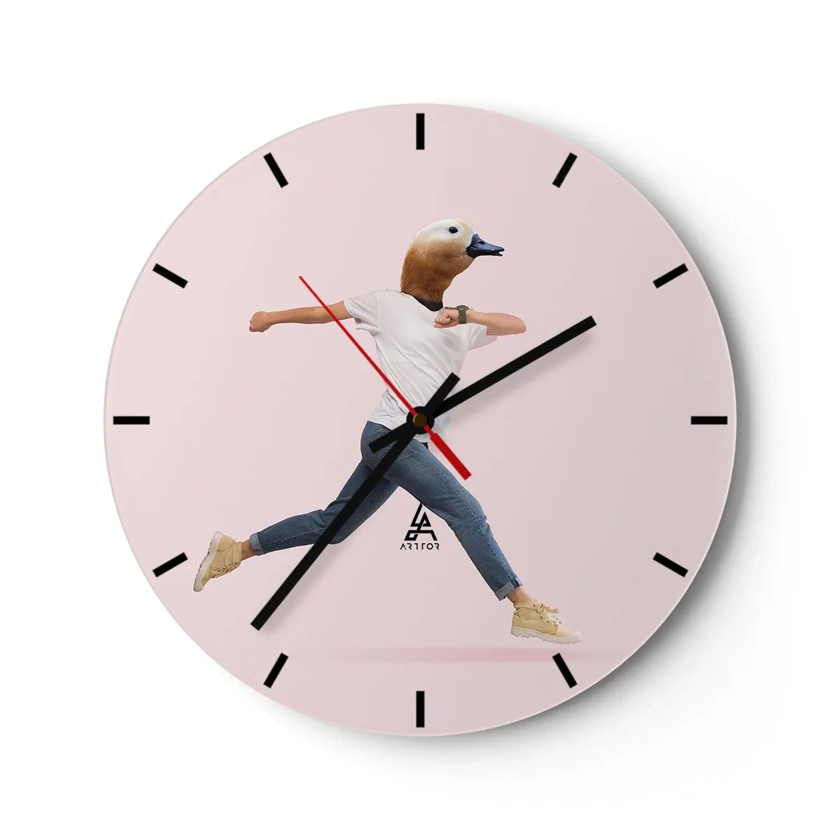 Reloj de pared - Reloj de vidrio - Una figura en movimiento con cabeza de pájaro sobre un fondo claro. - 30x30cm - Una pizca de absurdez - Decoración de pared moderna para salón, cocina y dormitorio ARTTOR