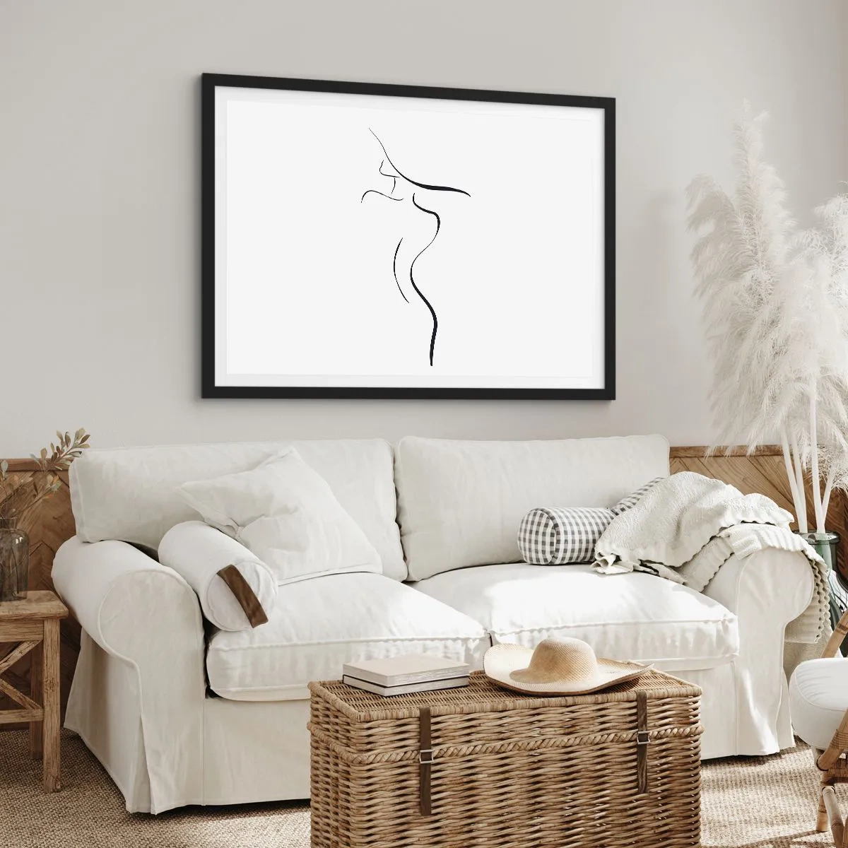 Póster en marco negro - Contorno minimalista de una silueta femenina sobre un fondo blanco. - 70x50cm - Escurridiza como una ola - Decoración de pared moderna para salón y dormitorio ARTTOR