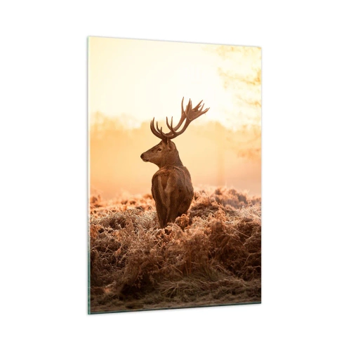 Cuadro sobre vidrio - Impresiones sobre Vidrio - Ciervos con el amanecer como telón de fondo en un paisaje natural. - 50x70cm - Un líder por derecho - Decoración de pared moderna para salón y dormitorio ARTTOR