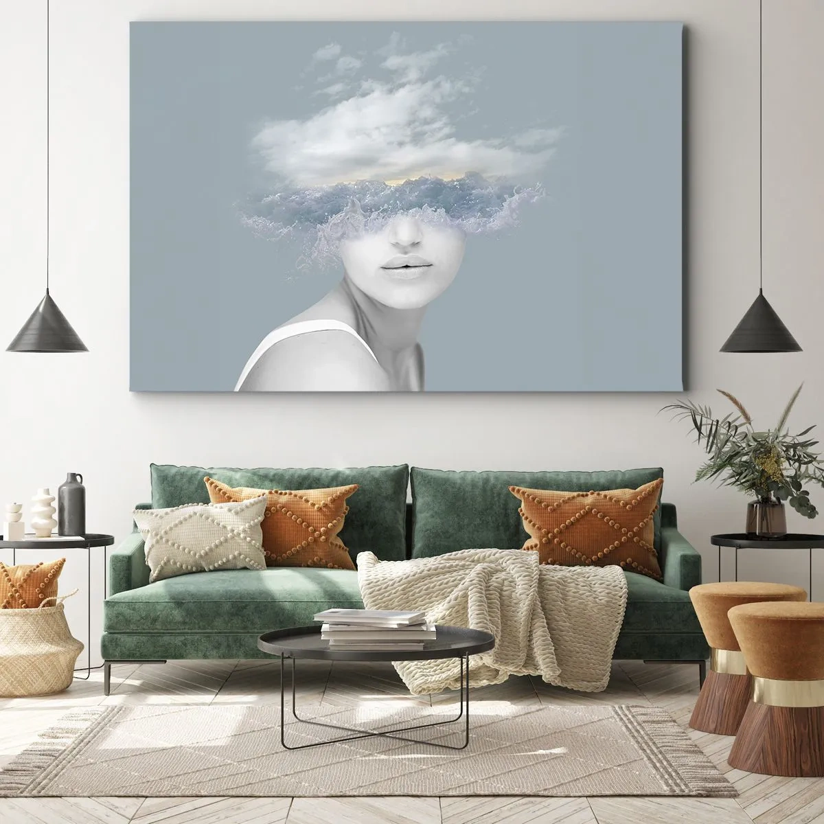 Cuadro sobre lienzo - Impresión de Imagen - Retrato de una mujer con el rostro oculto tras nubes y olas. - 120x80cm - Con la cabeza en las nubes - Decoración de pared moderna para salón y dormitorio ARTTOR