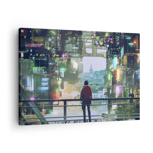 Cuadro sobre lienzo - Impresión de Imagen - Una figura en una ciudad futurista con luces de neón. - 70x50cm - Dos mundos - Decoración de pared moderna para salón y dormitorio ARTTOR