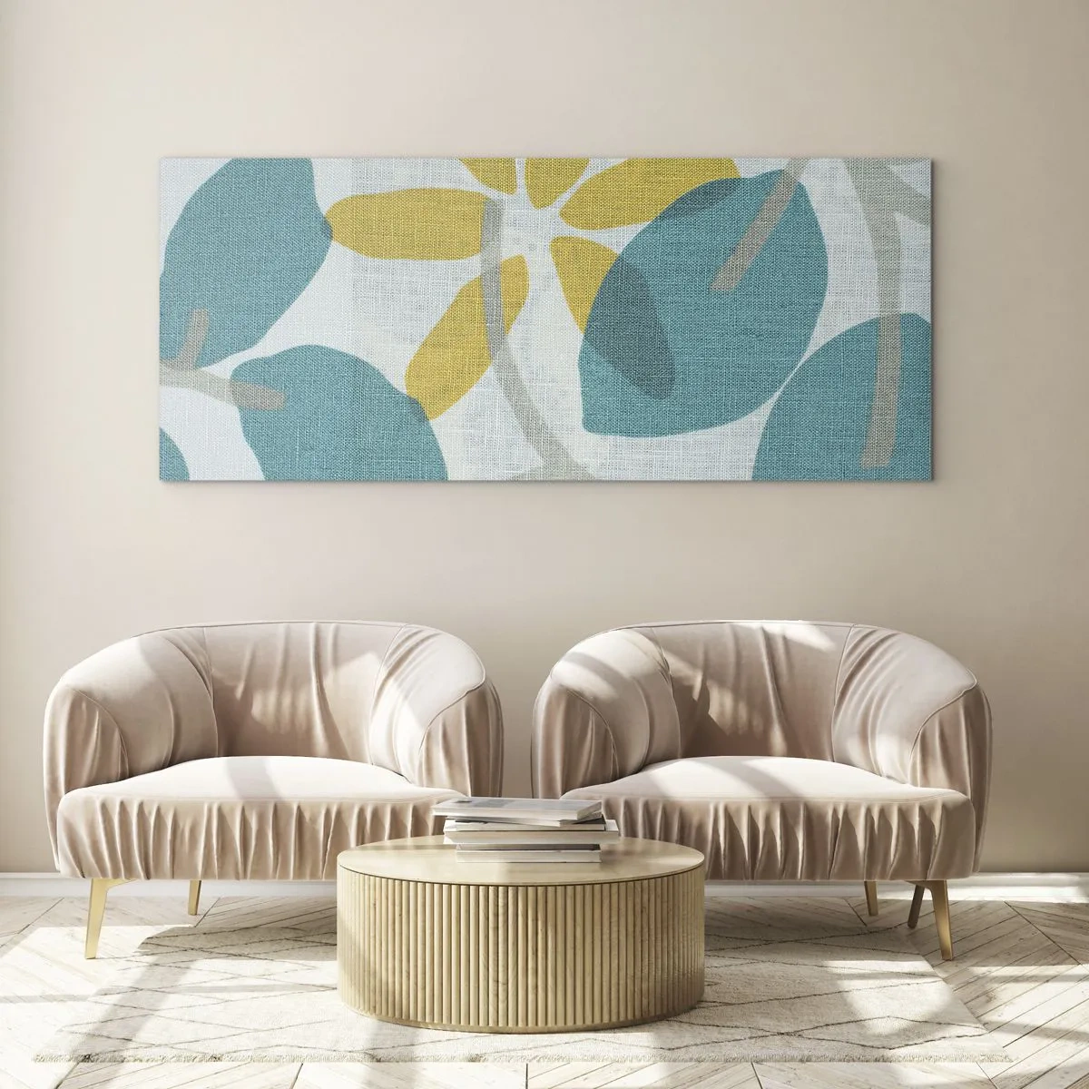 Cuadro sobre vidrio - Impresiones sobre Vidrio - Hojas en tonos turquesa y amarillo sobre un fondo claro. - 120x50cm - Entre hojas azules - Decoración de pared moderna para salón y dormitorio ARTTOR