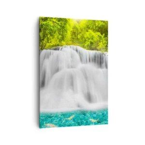 Cuadro sobre lienzo - Impresión de Imagen - Una cascada en un bosque tropical con agua turquesa. - 70x100cm - Cascada espumosa, de verde a azul - Decoración de pared moderna para salón y dormitorio ARTTOR