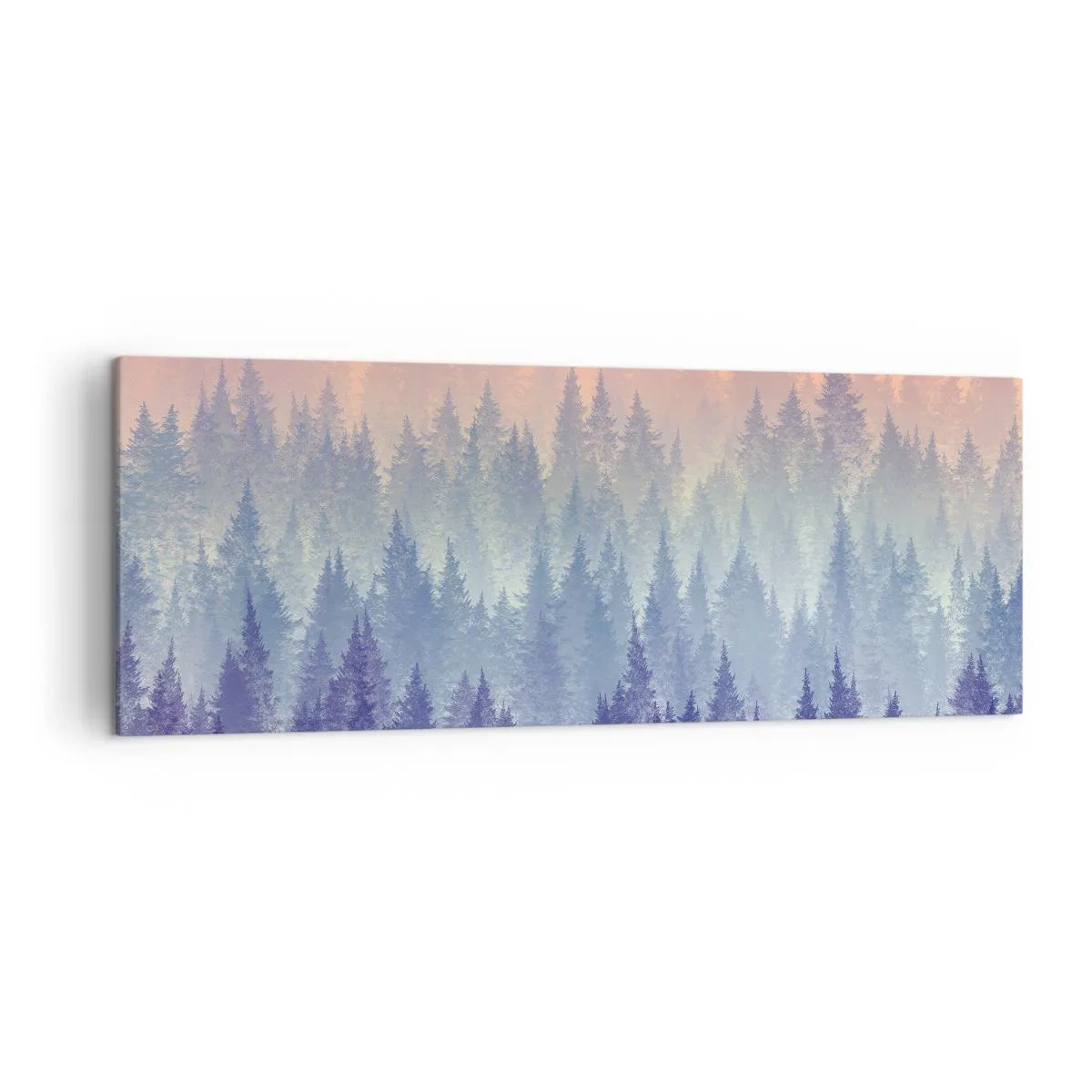 Cuadro sobre lienzo - Impresión de Imagen - Un bosque brumoso en tonos morados y naranjas. - 140x50cm - Alto, más alto, hasta el cielo - Decoración de pared moderna para salón y dormitorio ARTTOR