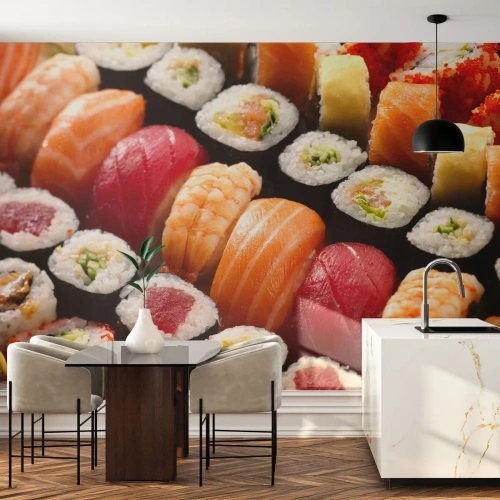 Fotomural Premium Sand - Una colorida composición de varios tipos de sushi. - 100x70cm - Colores y sabores de Asia - Decoración de pared moderna para salón y dormitorio ARTTOR