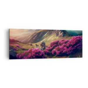 Cuadro sobre lienzo - Impresión de Imagen - Paisaje de montaña con rododendros en flor - 140x50cm - Verano en las montañas - Decoración de pared moderna para salón y dormitorio ARTTOR
