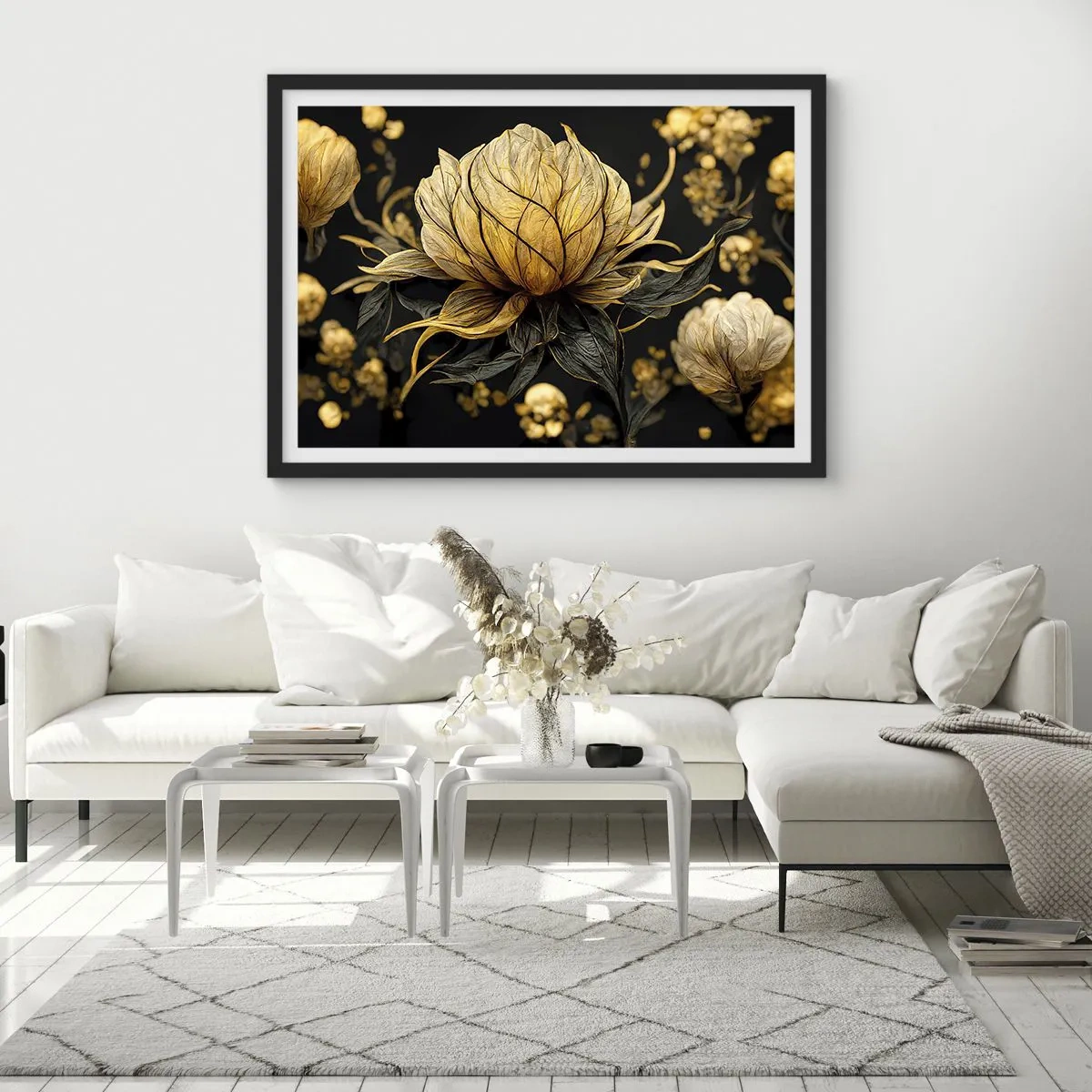 Póster en marco negro - Flor dorada sobre fondo oscuro - 70x50cm - Sutil fragilidad - Decoración de pared moderna para salón y dormitorio ARTTOR
