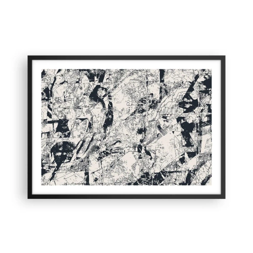 Póster en marco negro - Composición abstracta en blanco y negro con un diseño dinámico. - 70x50cm - La interpenetración de los opuestos - Decoración de pared moderna para salón y dormitorio ARTTOR