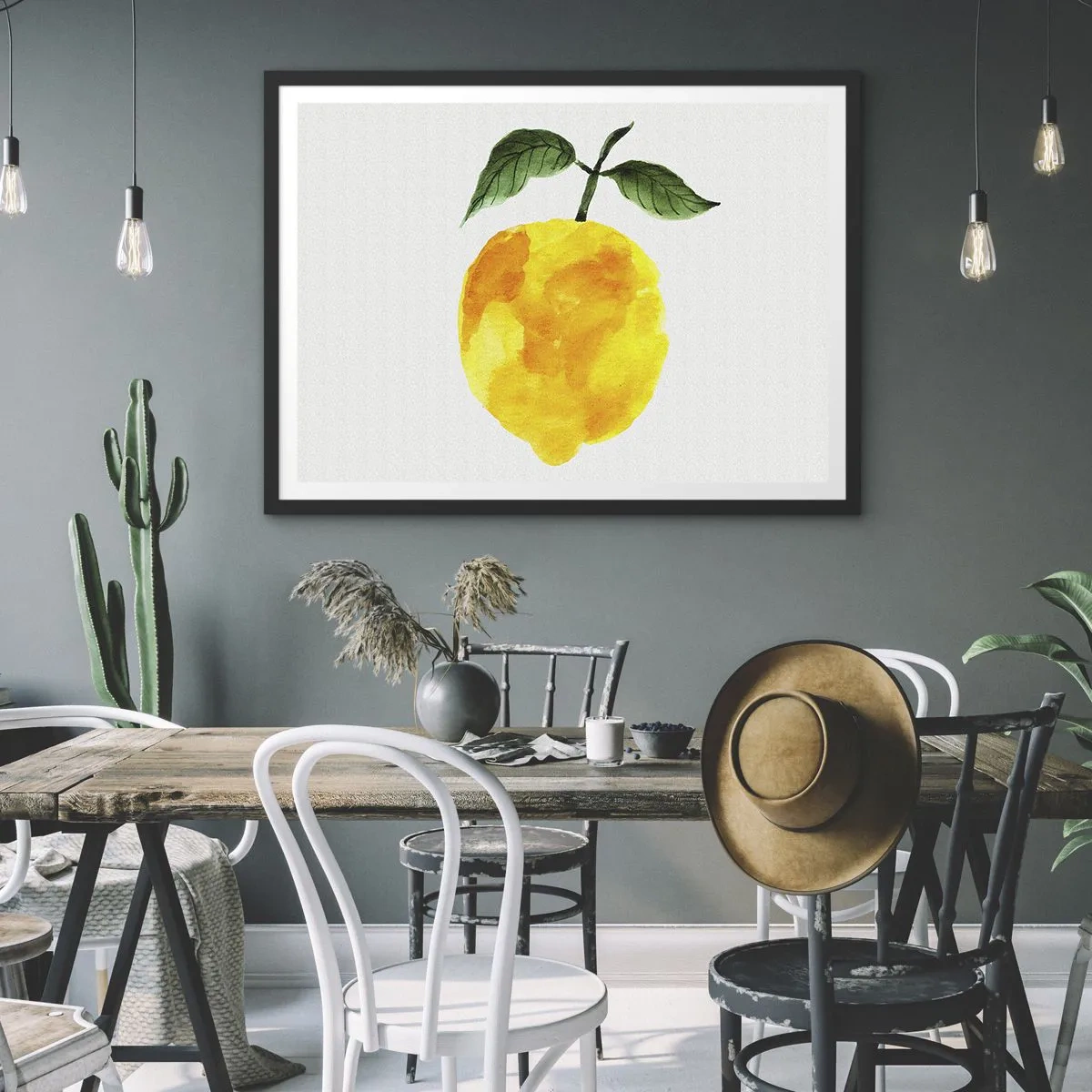 Póster en marco negro - Limón de acuarela con hojas verdes sobre un fondo claro. - 70x50cm - Cómo conocer el sabor del sol - Decoración de pared moderna para salón y dormitorio ARTTOR