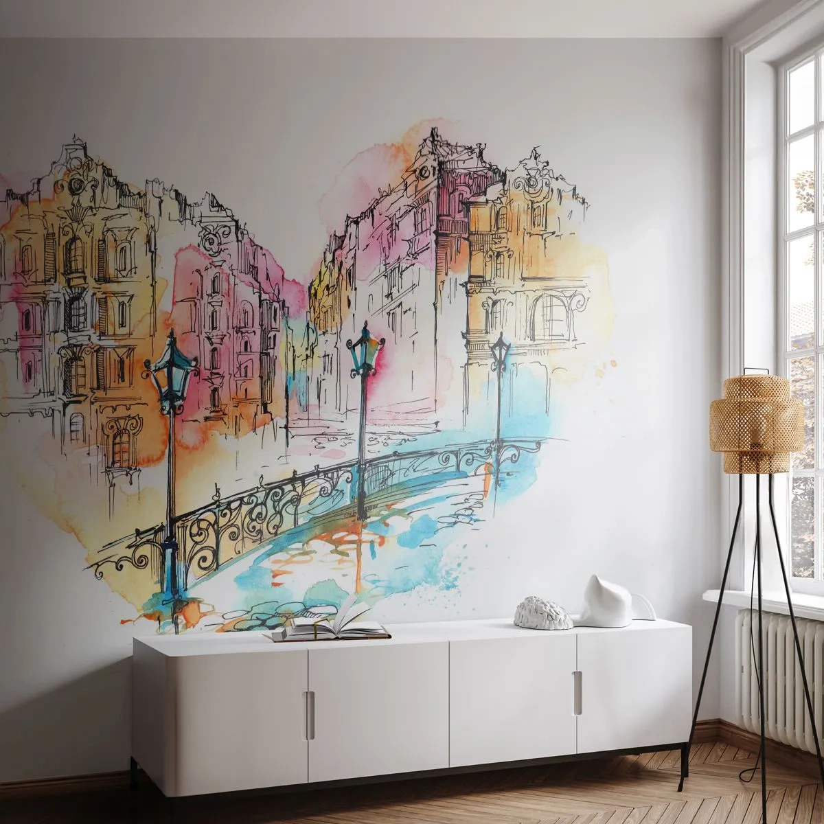 Fotomural Premium Sand - Un puente en un entorno urbano romántico - 100x70cm - El corazón de la ciudad - Decoración de pared moderna para salón y dormitorio ARTTOR