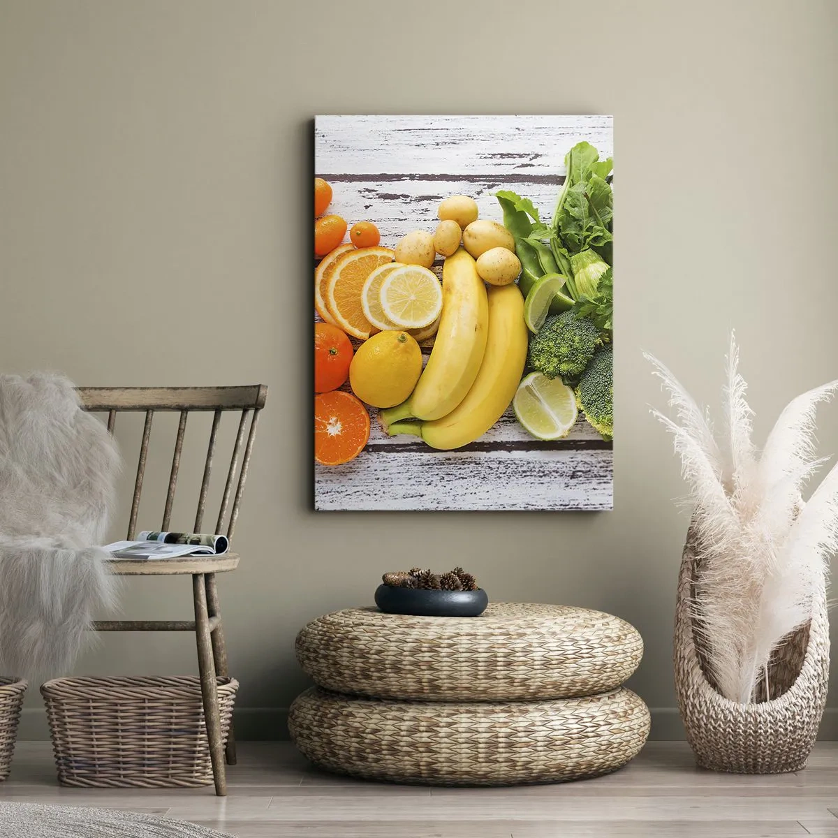 Cuadro sobre lienzo - Impresión de Imagen - Frutas y verduras coloridas sobre un fondo de madera - 80x120cm - ¿No es suficiente? - Decoración de pared moderna para salón y dormitorio ARTTOR