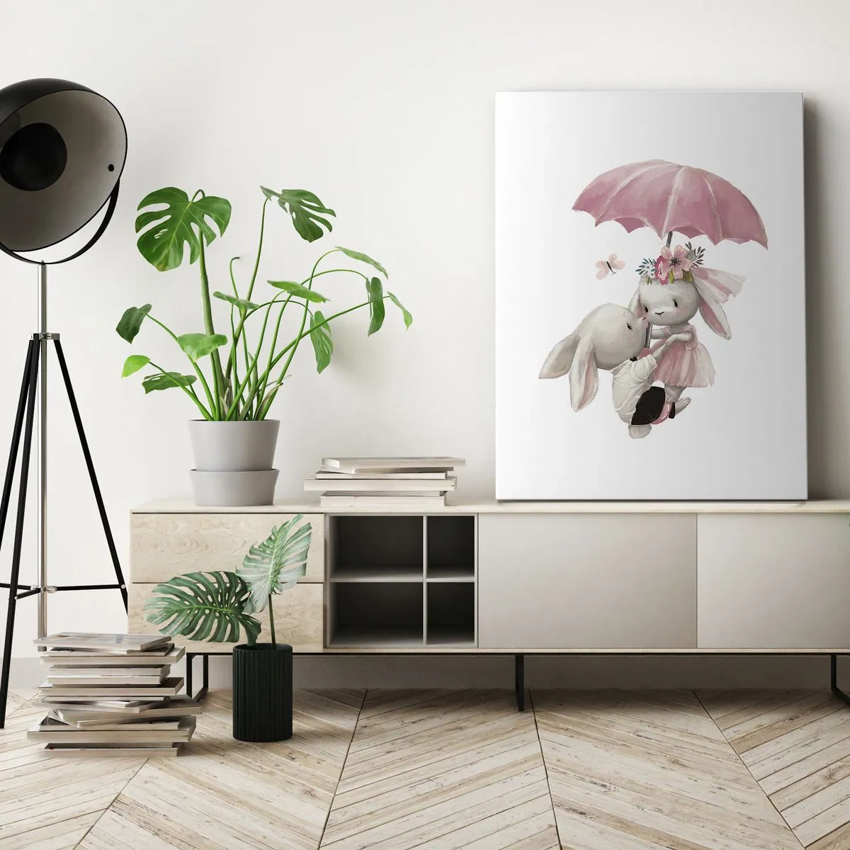 Cuadro sobre lienzo - Impresión de Imagen - Lindos conejitos bajo una sombrilla rosa - 50x70cm - Esto es amor - Decoración de pared moderna para salón y dormitorio ARTTOR