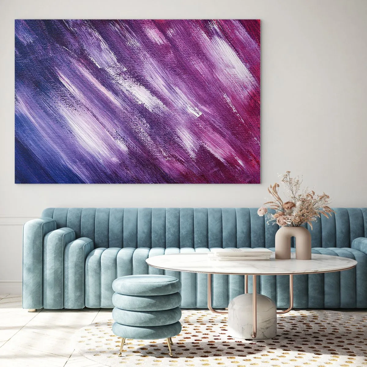 Cuadro sobre vidrio - Impresiones sobre Vidrio - Cuadro abstracto en tonos morados y blancos - 70x50cm - Cuando sopla el viento del sol - Decoración de pared moderna para salón y dormitorio ARTTOR