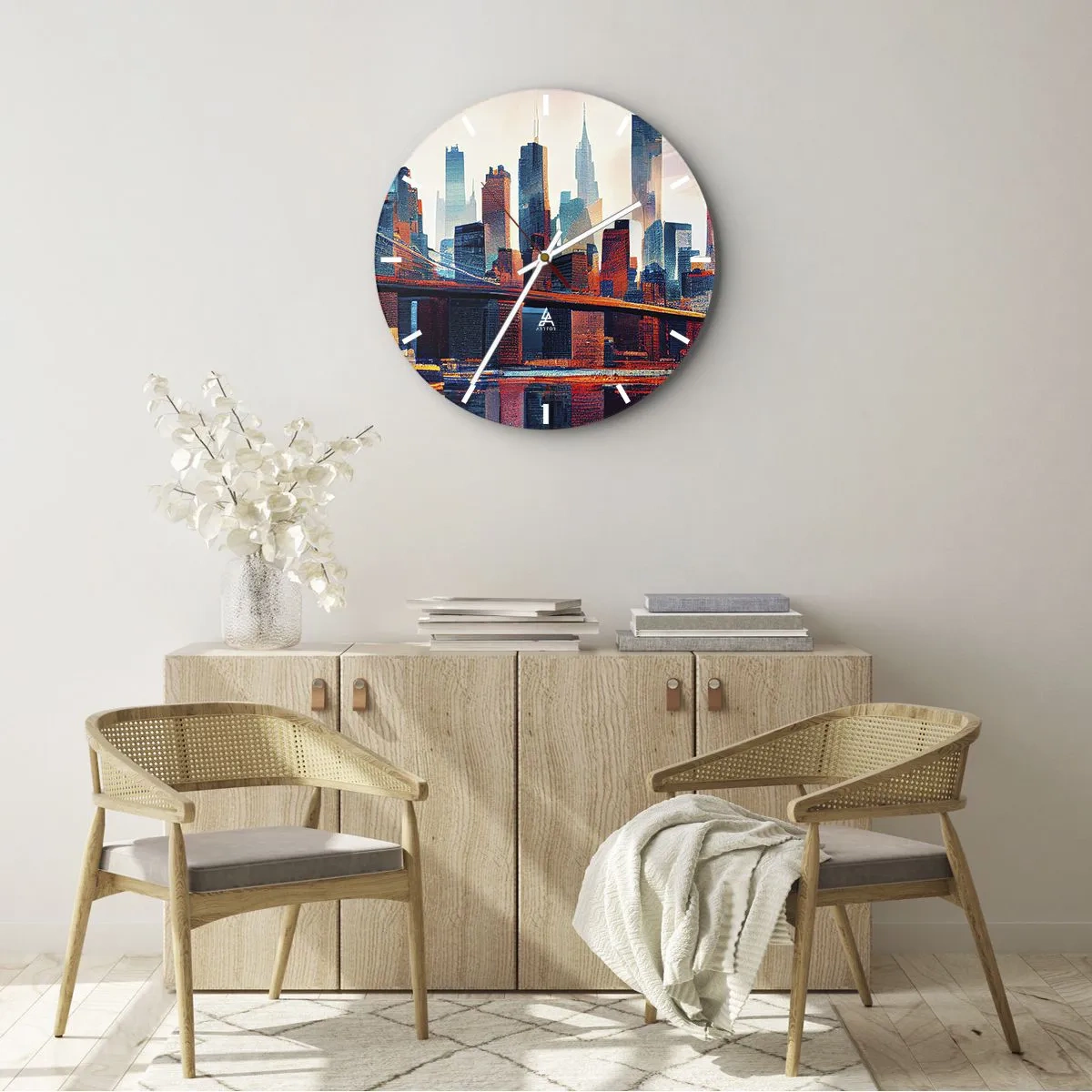Reloj de pared - Reloj de vidrio - Horizonte de la ciudad de Nueva York con puente y reflejo en el agua al atardecer - 30x30cm - Nueva York siempre luce - Decoración de pared moderna para salón, cocina y dormitorio ARTTOR
