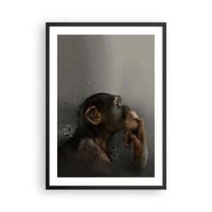 Póster en marco negro - Retrato de un mono pensante en suaves tonos grises con un fondo abstracto. - 50x70cm - La evolución del pensador - Decoración de pared moderna para salón y dormitorio ARTTOR