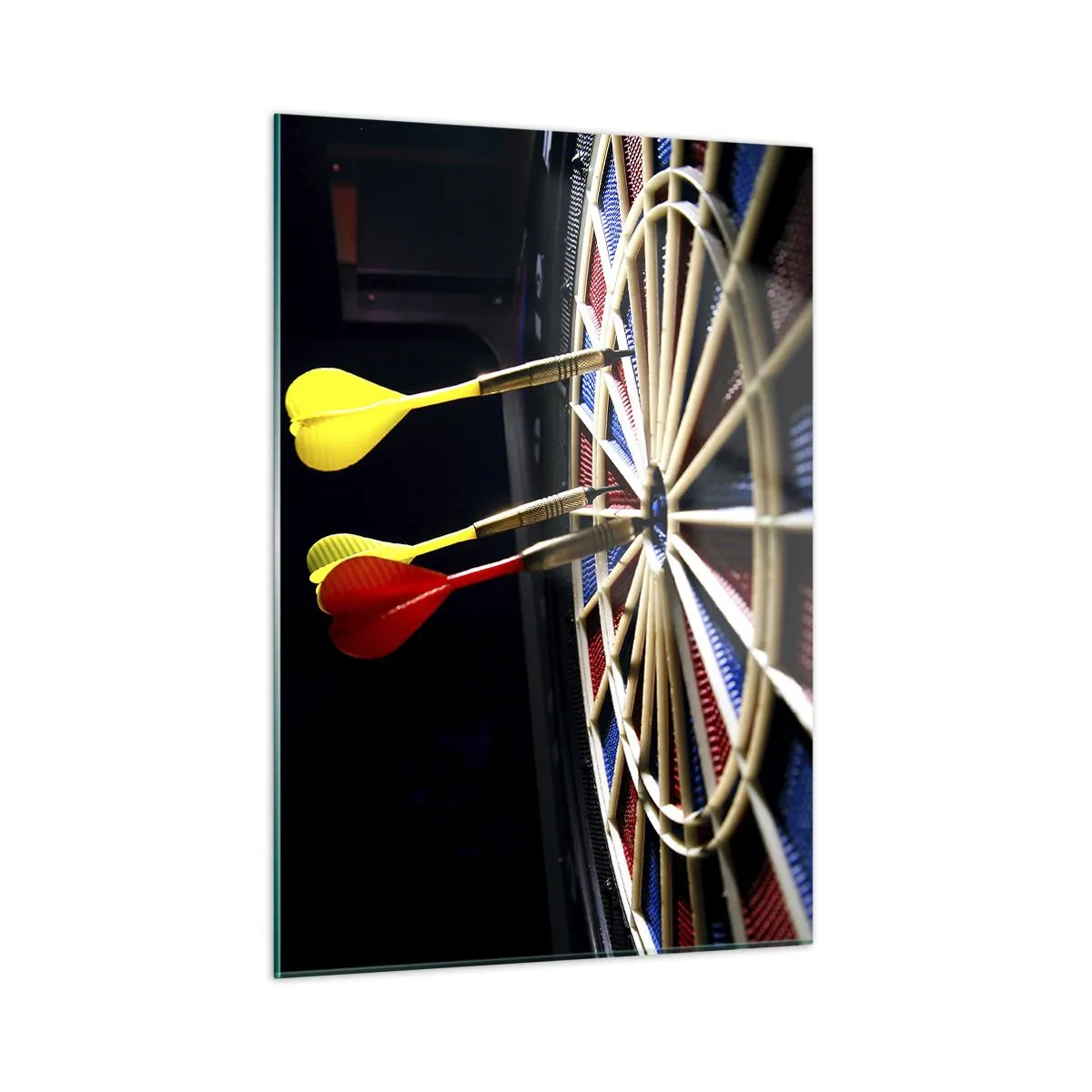 Cuadro sobre vidrio - Impresiones sobre Vidrio - Dardos que impactan en un objetivo en un entorno oscuro. - 50x70cm - En el blanco - Decoración de pared moderna para salón y dormitorio ARTTOR