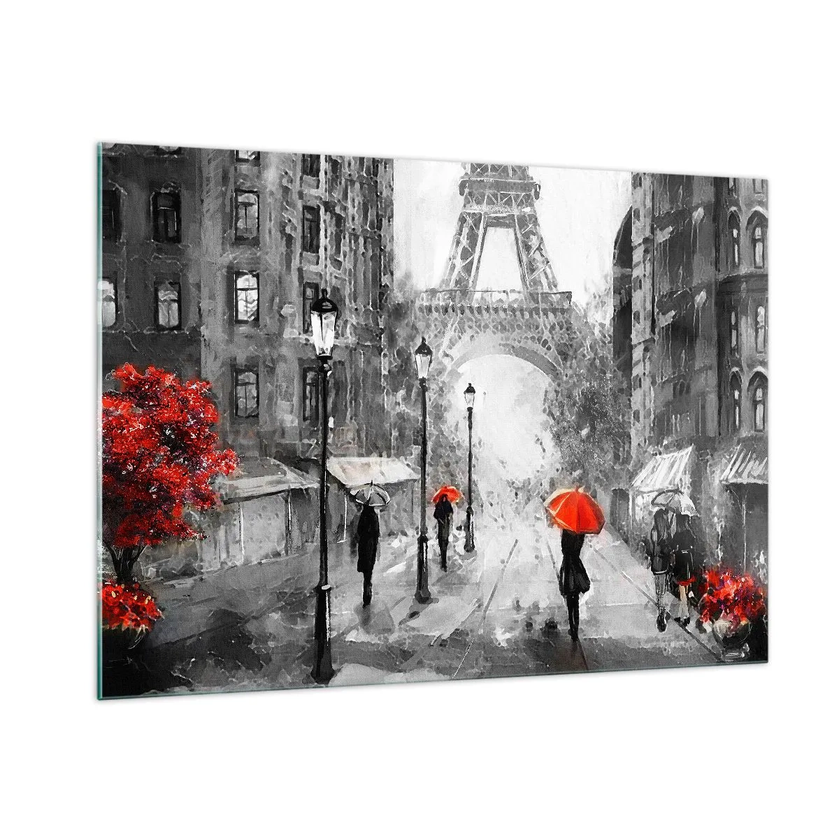 Cuadro sobre vidrio - Impresiones sobre Vidrio - La Torre Eiffel en un paisaje monocromático con acentos rojos. - 100x70cm - Todos los caminos conducen a ella - Decoración de pared moderna para salón y dormitorio ARTTOR