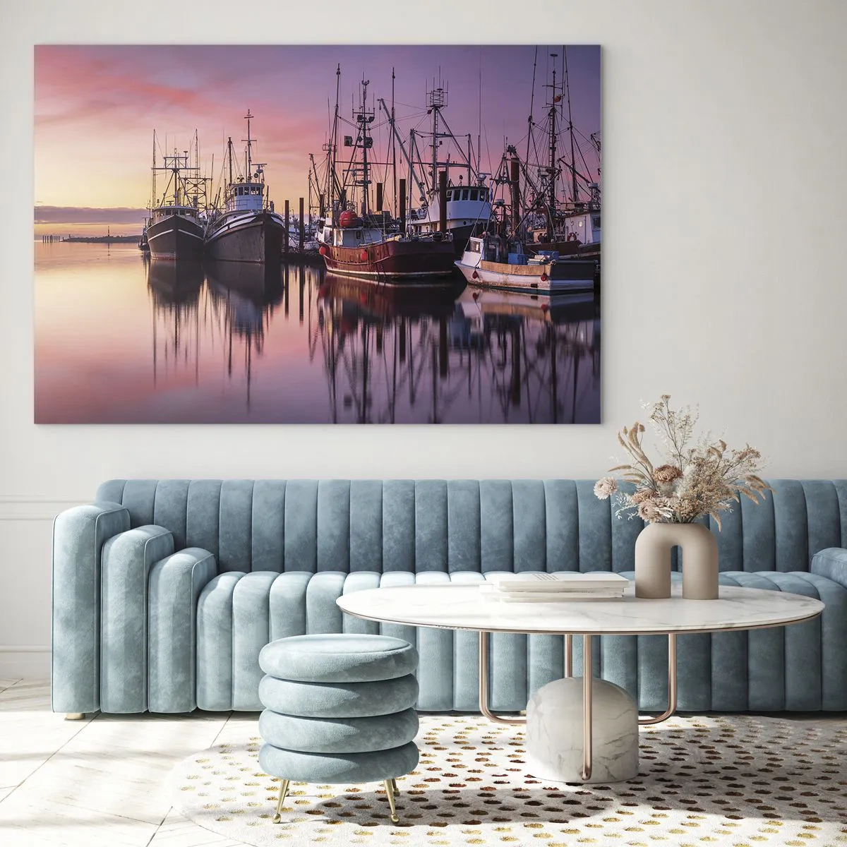 Cuadro sobre vidrio - Impresiones sobre Vidrio - Barcos de pesca al atardecer en un puerto tranquilo - 100x70cm - Descanso antes de partir - Decoración de pared moderna para salón y dormitorio ARTTOR