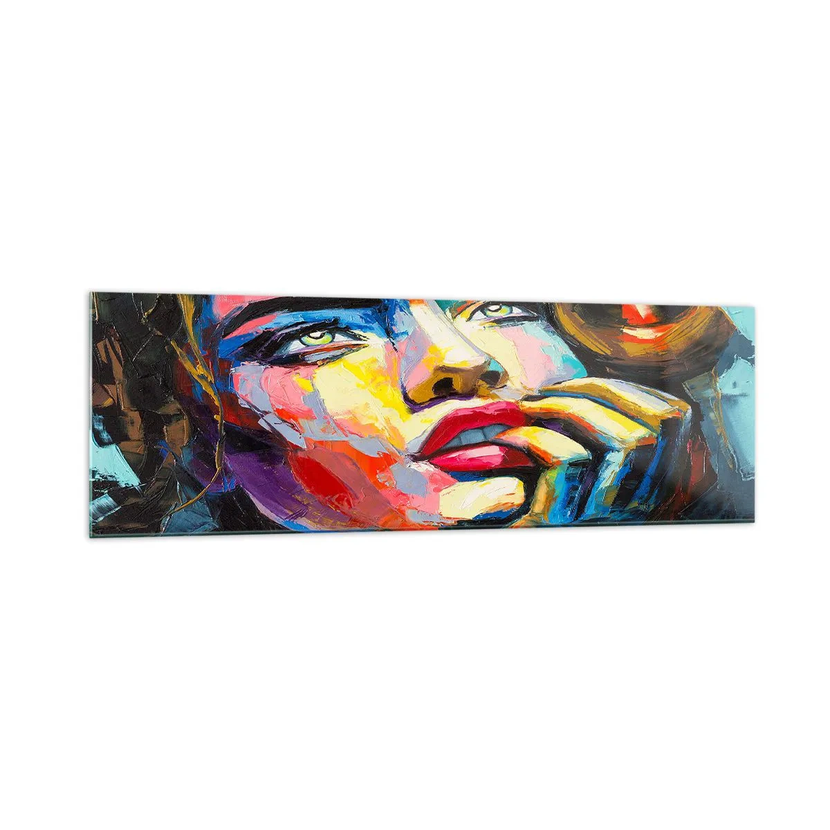 Cuadro sobre vidrio - Impresiones sobre Vidrio - Retrato colorido de una mujer en estilo expresionista. - 160x50cm - Sueños - Decoración de pared moderna para salón y dormitorio ARTTOR