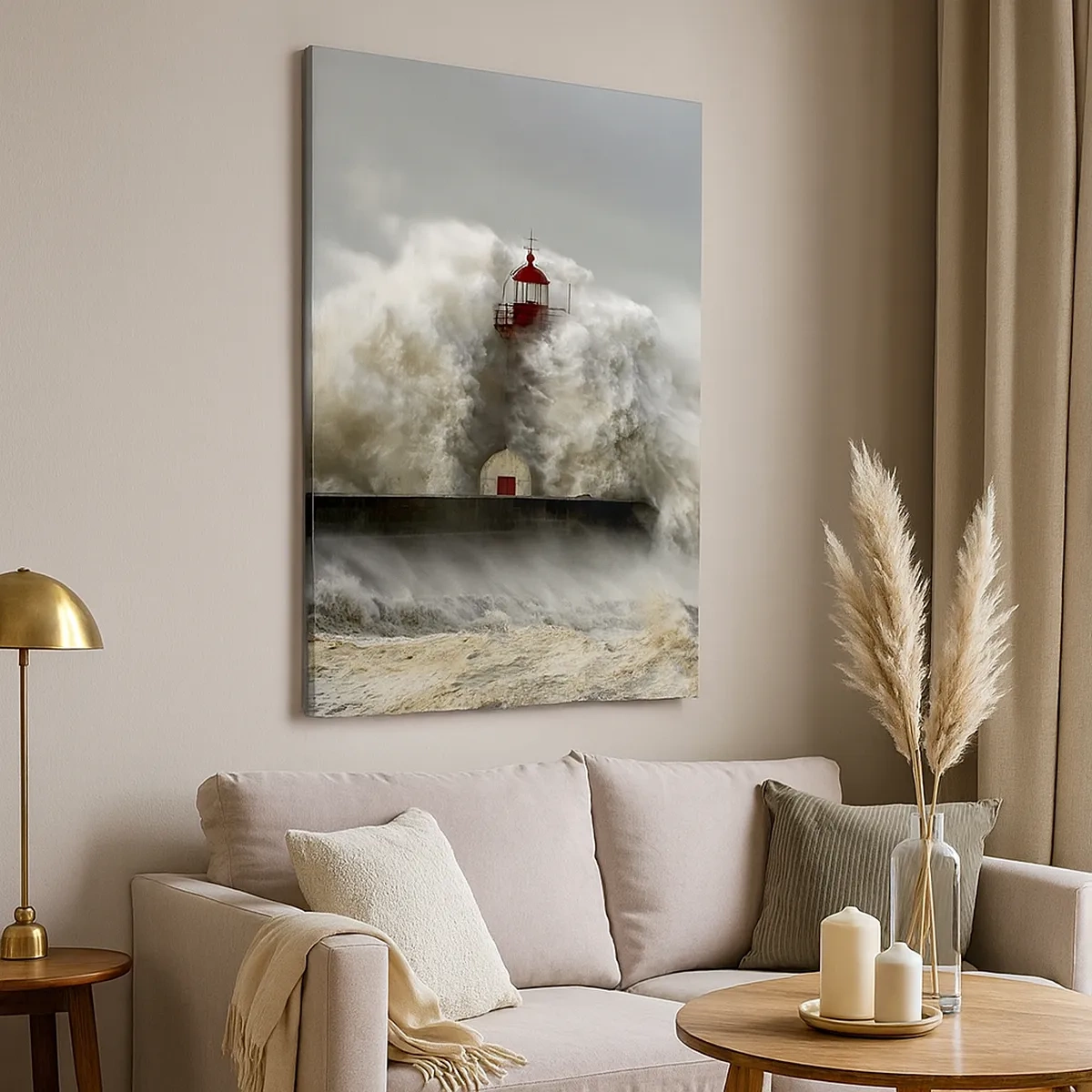 Cuadro sobre lienzo - Impresión de Imagen - Un faro rodeado de fuertes olas durante una tormenta. - 50x70cm - La furia del océano - Decoración de pared moderna para salón y dormitorio ARTTOR