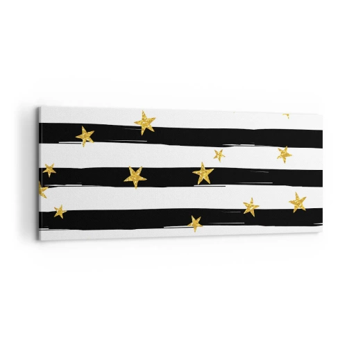 Cuadro sobre lienzo - Impresión de Imagen - Rayas blancas y negras con estrellas doradas - 120x50cm - Todos hemos nacido bajo una estrella de la suerte - Decoración de pared moderna para salón y dormitorio ARTTOR
