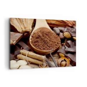 Cuadro sobre lienzo - Impresión de Imagen - Una cucharada de ingredientes de cacao y chocolate en un arreglo rústico. - 100x70cm - Lo mejor para las penas - Decoración de pared moderna para salón y dormitorio ARTTOR