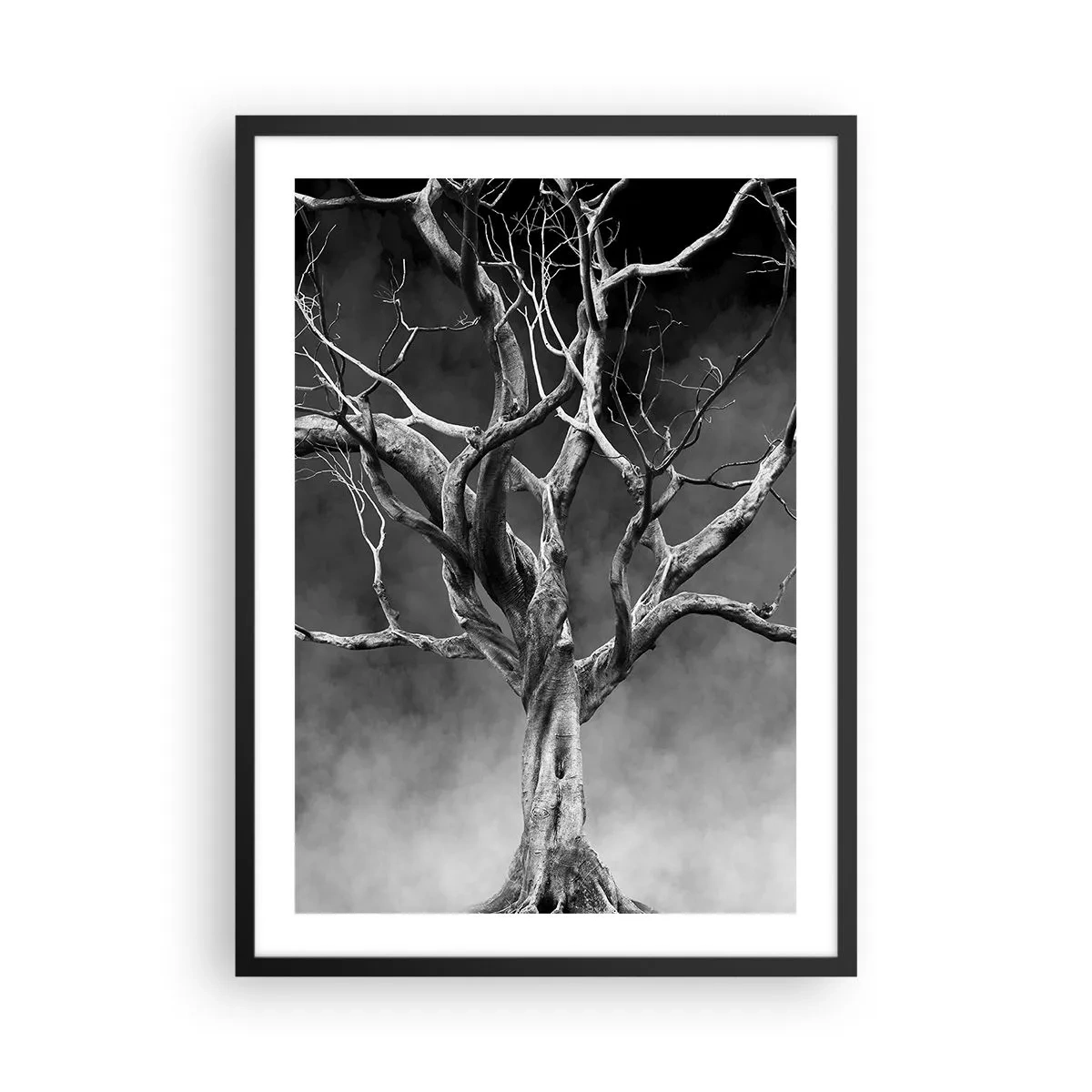 Póster en marco negro - Imagen en blanco y negro de un árbol sobre un fondo de niebla. - 50x70cm - Primordial y sagrado - Decoración de pared moderna para salón y dormitorio ARTTOR