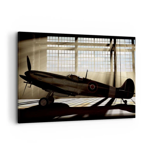 Cuadro sobre lienzo - Impresión de Imagen - Un avión histórico en un hangar iluminado por la luz del sol. - 100x70cm - El descanso del guerrero - Decoración de pared moderna para salón y dormitorio ARTTOR
